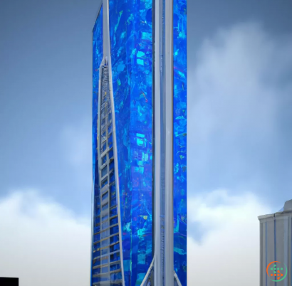 A tall building with blue glass windows