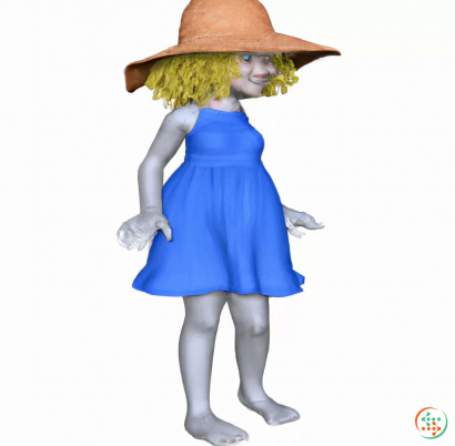 A doll wearing a blue dress and a hat