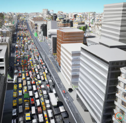 A city street with cars and buildings