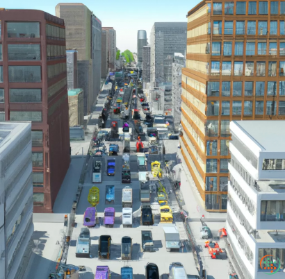 A street with cars and buildings