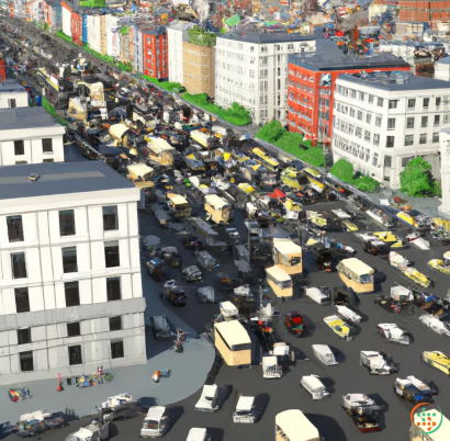 A busy street with cars and buildings