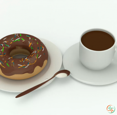 A cup of coffee next to a donut and a spoon