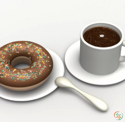 A cup of coffee next to a donut and a cup of coffee