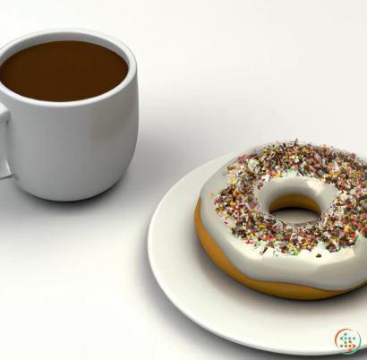 A cup of coffee next to a donut on a plate