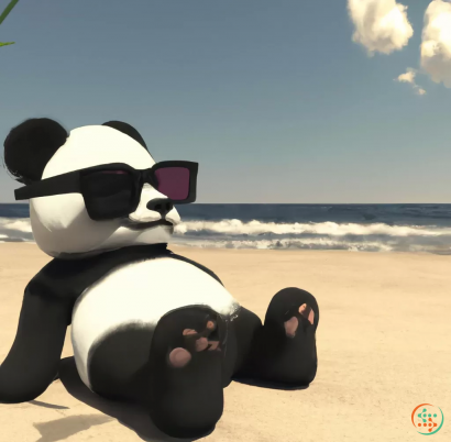 A person in a panda garment on a beach