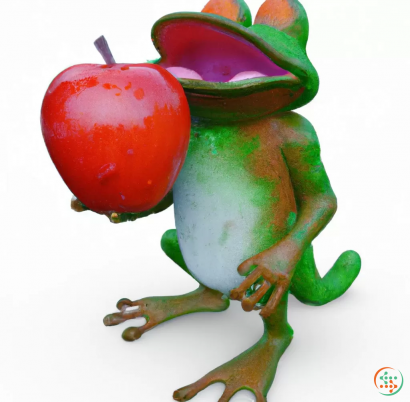 A green frog with a red apple on its head