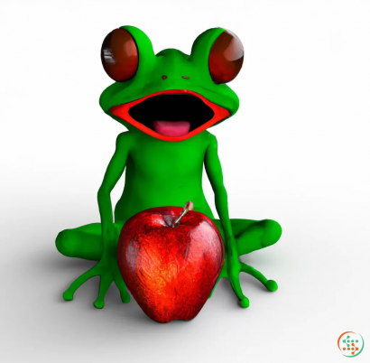 A green frog holding a red apple