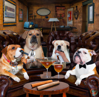 A group of dogs sitting at a table with drinks