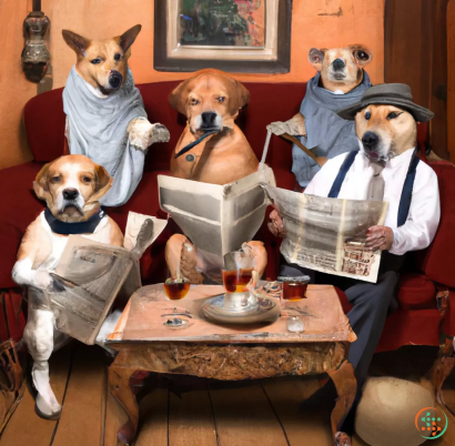 A group of dogs wearing hats and sitting at a table