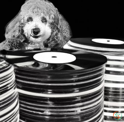 A dog behind a stack of plates