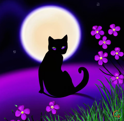 A cat sitting in grass with a moon in the background