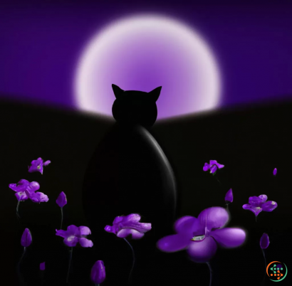 A cat sitting in a field of flowers with the moon in the background