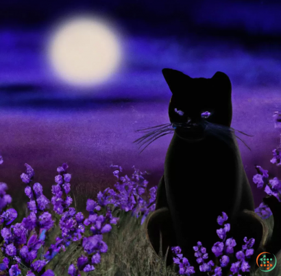 A cat sitting in a field of purple flowers