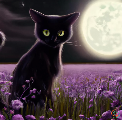 A black cat in a field of purple flowers