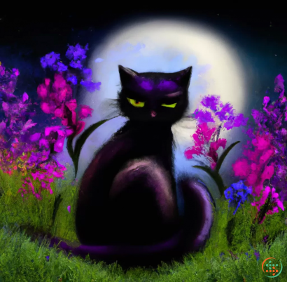 A cat sitting in grass with flowers in front of a moon