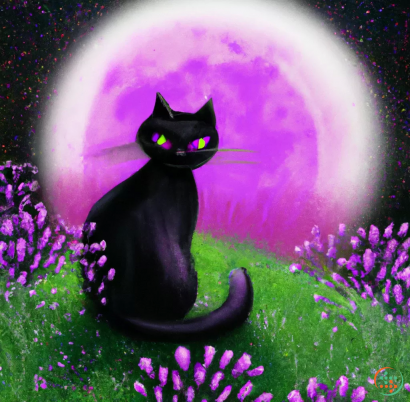 A cat sitting on grass with a moon in the background