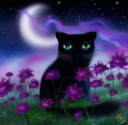 A cat with glowing eyes in a field of flowers