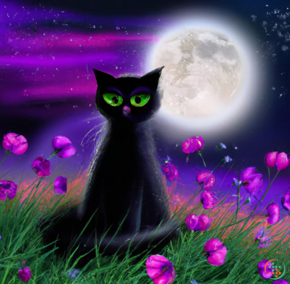 A cat sitting in grass with a moon in the background