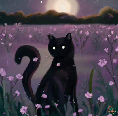 A black cat in a field of flowers