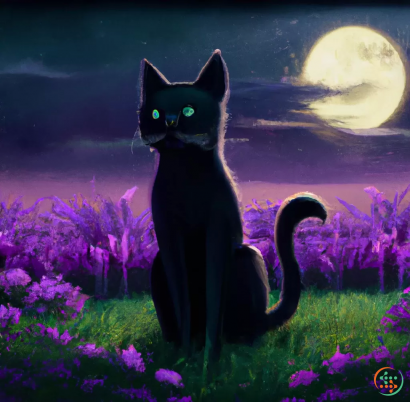 A cat standing in a field of flowers with the moon in the background