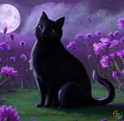 A black cat sitting on a green surface with purple flowers