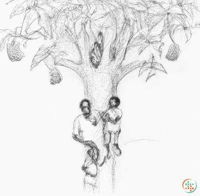 A black and white drawing of a couple of people standing under a tree