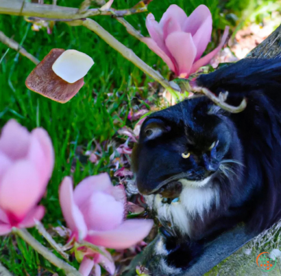 A black and white cat with a flower in its mouth