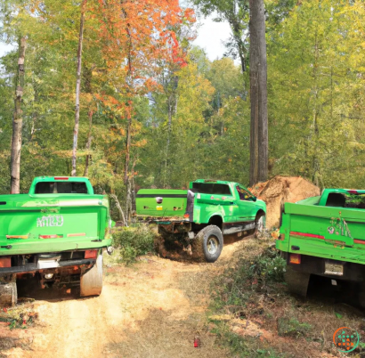 Several green trucks parked in a forest