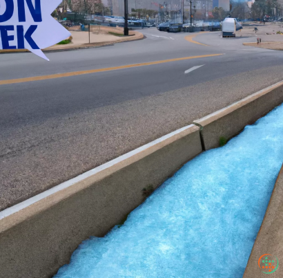 A road with a blue tarp over it and a white van on the side