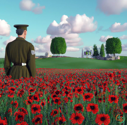 A person in uniform standing in a field of red flowers