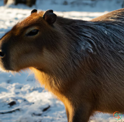 A brown animal with snow on its head