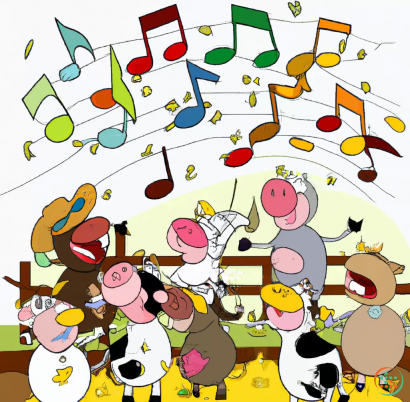 Diagram - a choir of farm animals singing on a stage, music notes floating around, cartoon art