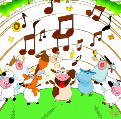 Diagram - a choir of farm animals singing on a stage, music notes floating around, cartoon art