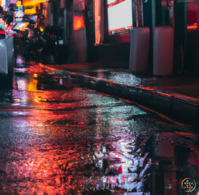 A wet street at night