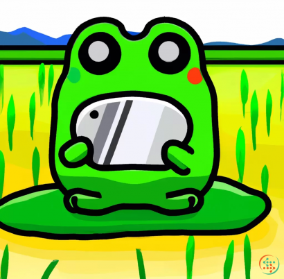 Shape - A cute kawaii japanese kappa in a Rice field, he is using a smartphone