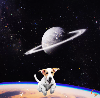 A dog with a spaceship in the background