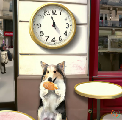 A dog sitting in front of a clock