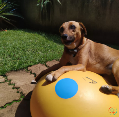 A dog lying on a yellow ball