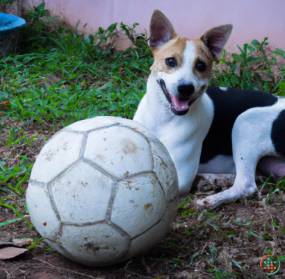 A dog sitting next to a football ball