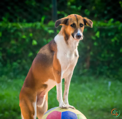 A dog standing on a ball