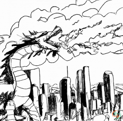 Diagram - a dragon destroying a city