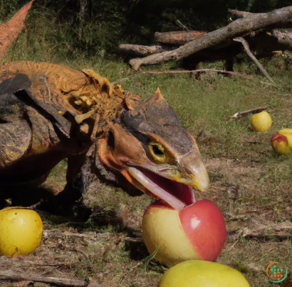 A dinosaur with its mouth open by fruit