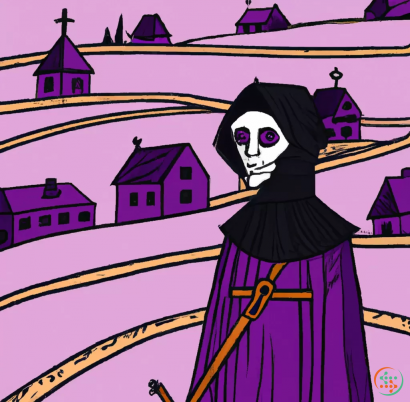 Diagram - A drawing in a bit simplistic orient style of a boy in black and a necromancer in purple being back to back separated by an oblique line in the center with an old village in the background