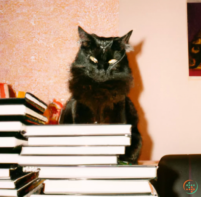 A black cat sitting on a stack of books