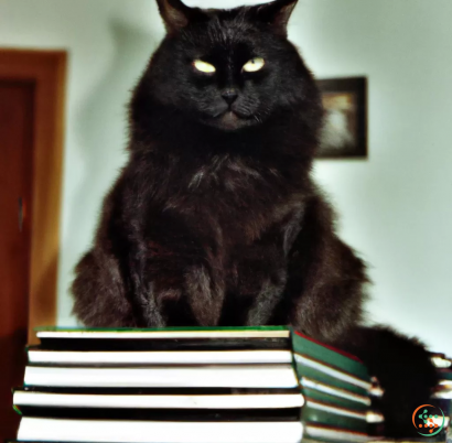 A black cat sitting on a stack of books