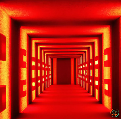 A red hallway with a red light