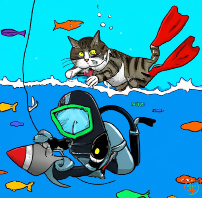 Diagram - A good cat swimming in scuba gear in the ocean fighting a shark