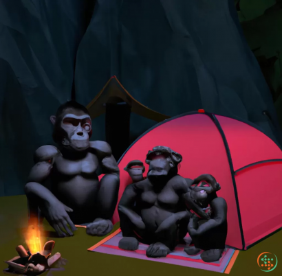 A group of monkeys sitting around a fire