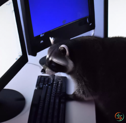 A dog sitting in front of a computer