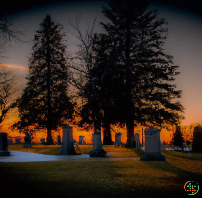 A cemetery with a large tree